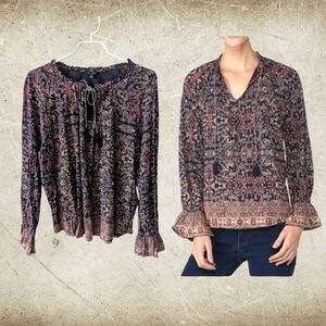 LUCKY BRAND Floral Boho Peasant Blouse Flare Sleeves Cotton Modal Blue XL